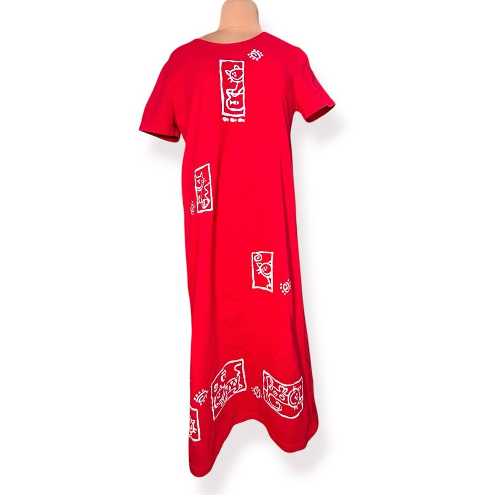 Vintage 90s Red Cat Print Maxi Dress Artsy Whimsical Cottagecore Large Quirky